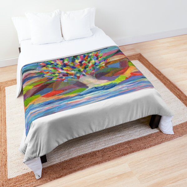 Dream Tree, grow your hopes and dreams. A rainbow leaved tree grows on a rocky coast by the sea in this colorful acrylic daydream. Comforter
