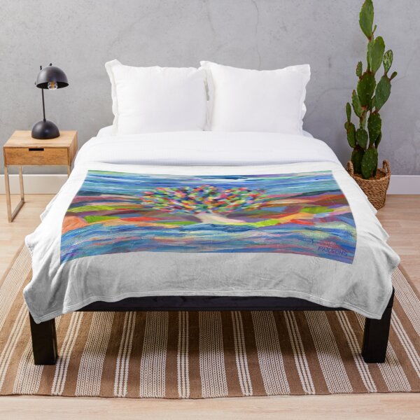 Dream Tree, grow your hopes and dreams. A rainbow leaved tree grows on a rocky coast by the sea in this colorful acrylic daydream. Throw Blanket