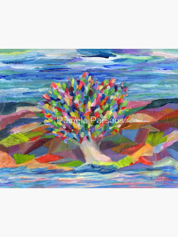 Dream Tree, grow your hopes and dreams. A rainbow leaved tree grows on a rocky coast by the sea in this colorful acrylic daydream. by parsonsp
