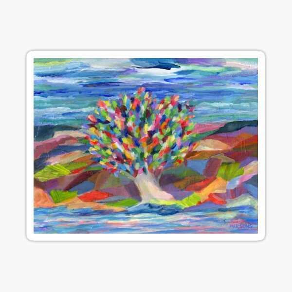Dream Tree, grow your hopes and dreams. A rainbow leaved tree grows on a rocky coast by the sea in this colorful acrylic daydream. Sticker