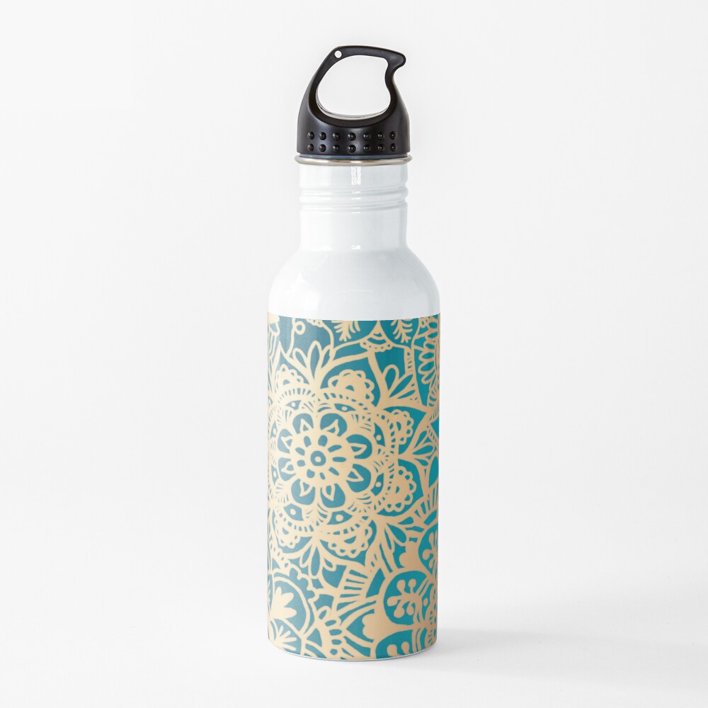 Teal Green and Gold Mandala Pattern Water Bottle