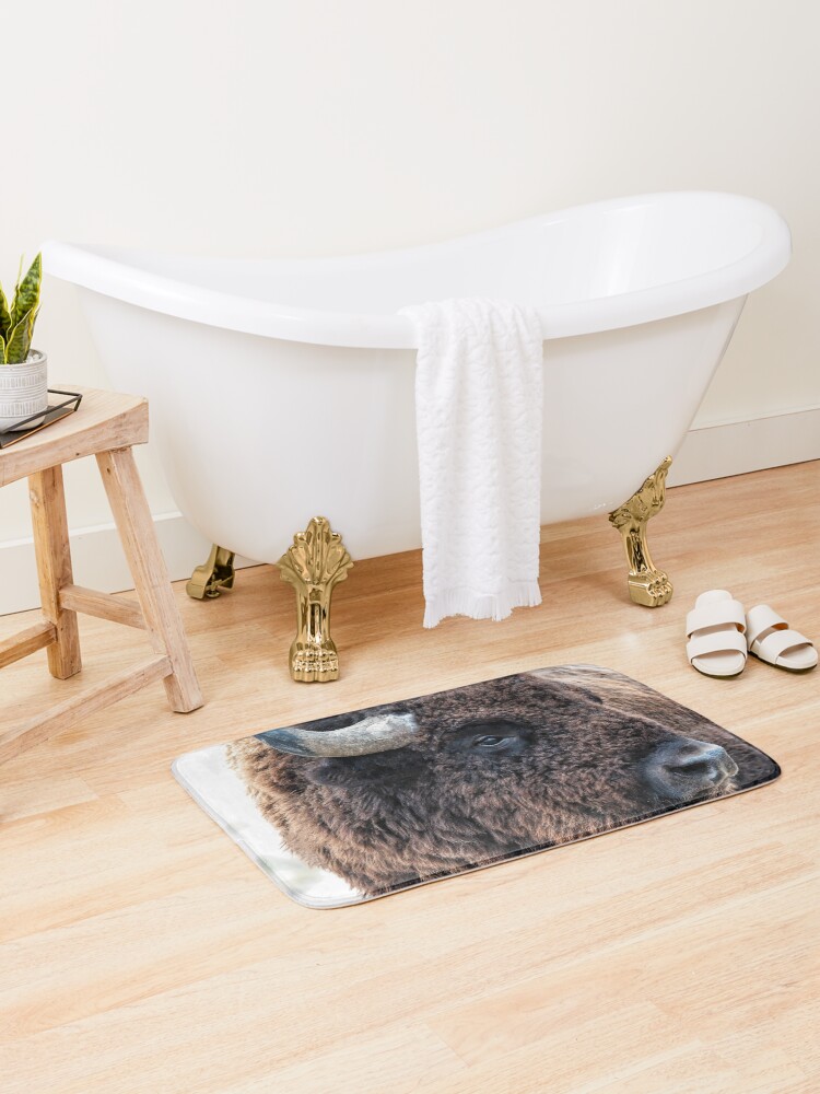 Thumbnail 1 of 6, Bath Mat, In the Presence of Bison in Yellowstone National Park and Arsenal Park, Colorado designed and sold by OLena Art ❣️.