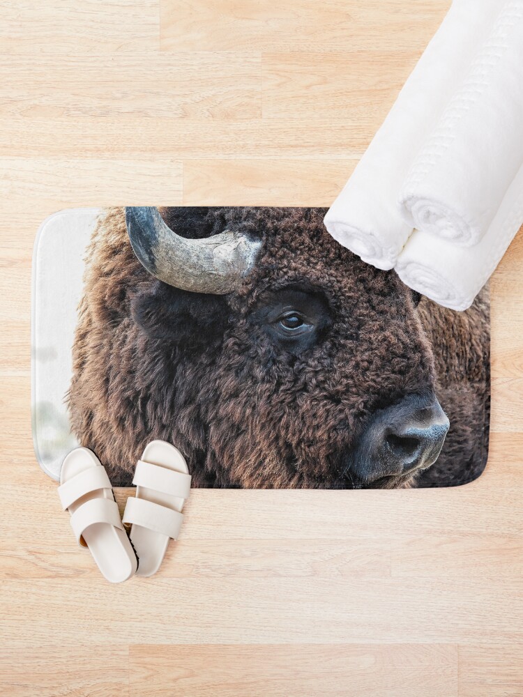 Thumbnail 2 of 6, Bath Mat, In the Presence of Bison in Yellowstone National Park and Arsenal Park, Colorado designed and sold by OLena Art ❣️.