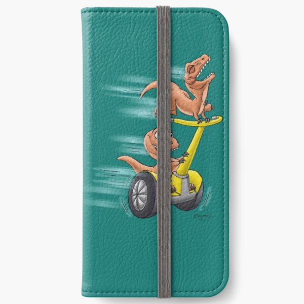 Raptors on a Segway! from Mom Needs a Dinosaur! Book - Teal Background iPhone Wallet