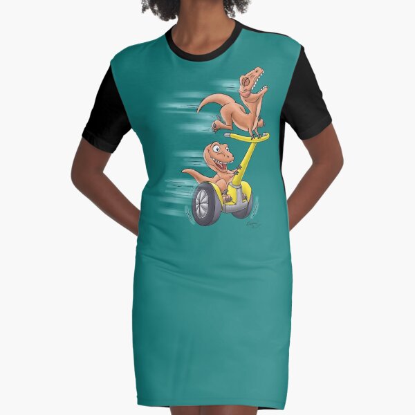 Raptors on a Segway! from Mom Needs a Dinosaur! Book - Teal Background Graphic T-Shirt Dress