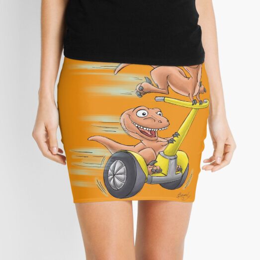 Raptors on a Segway! from Mom Needs a Dinosaur! Book - Orange Background Mini Skirt