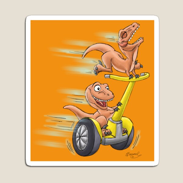 Raptors on a Segway! from Mom Needs a Dinosaur! Book - Orange Background Magnet