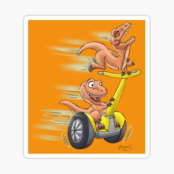 Raptors on a Segway! from Mom Needs a Dinosaur! Book - Orange Background Sticker