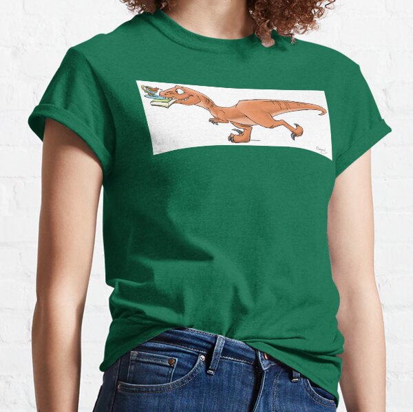 Raptor Tea and Book Fetch! from Mom Needs a Dinosaur! Book - Green Background Classic T-Shirt