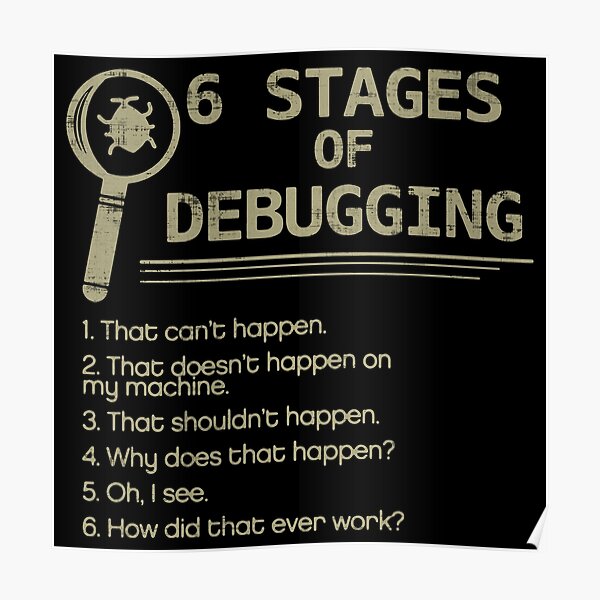 6 Stages Of Debugging Posters Redbubble