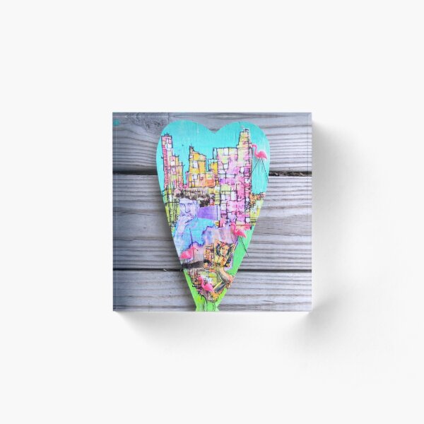 Miami Cityscape Flamingo Heart Acrylic Block