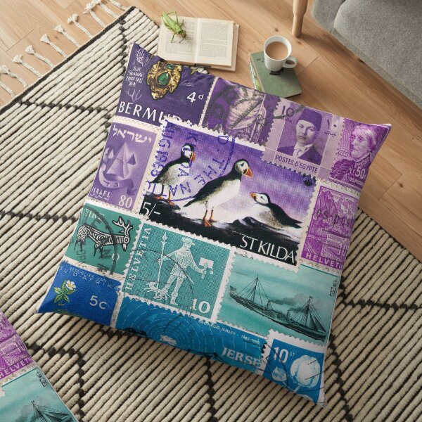 Puffin Island - postage stamp collage seascape Floor Pillow