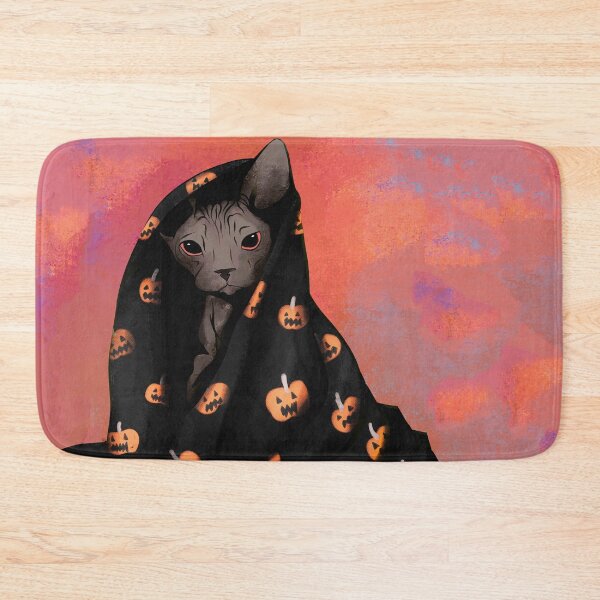 Item preview, Black Sphynx Cat Cuddled Up in a Halloween Pumpkin Blanket designed and sold by AnanasArt.