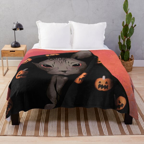 Item preview, Black Sphynx Cat Cuddled Up in a Halloween Pumpkin Blanket designed and sold by AnanasArt.