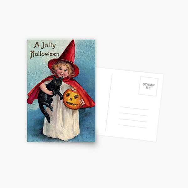 A Jolly Halloween Witch Cat and Pumpkin Postcard