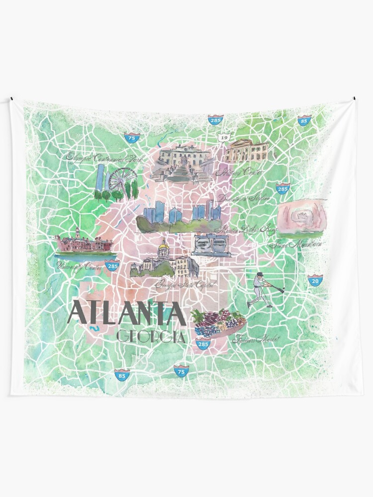 "Atlanta Georgia USA Illustrated Map with Main Roads Landmarks and Highlights" Tapestry by 