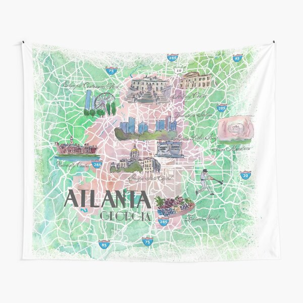 "Atlanta Georgia USA Illustrated Map with Main Roads Landmarks and Highlights" Tapestry by 