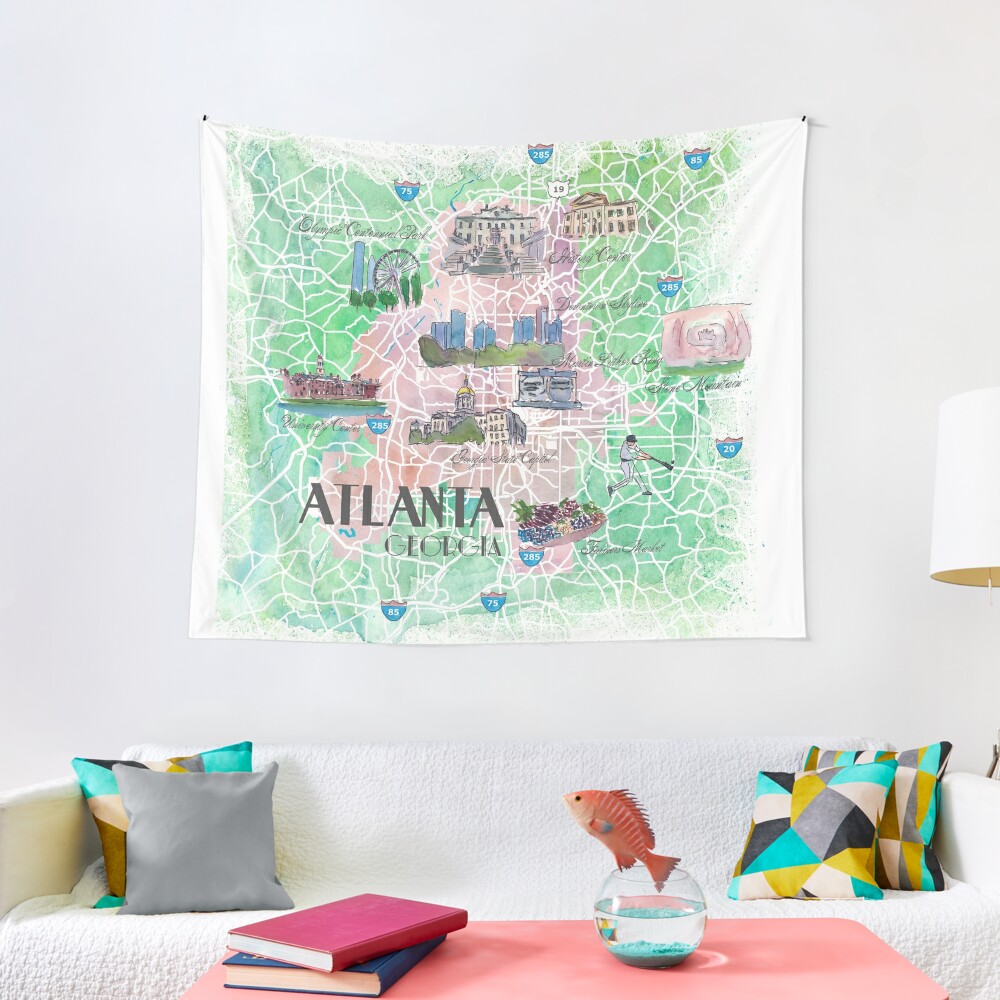 "Atlanta Georgia USA Illustrated Map with Main Roads Landmarks and Highlights" Tapestry by 