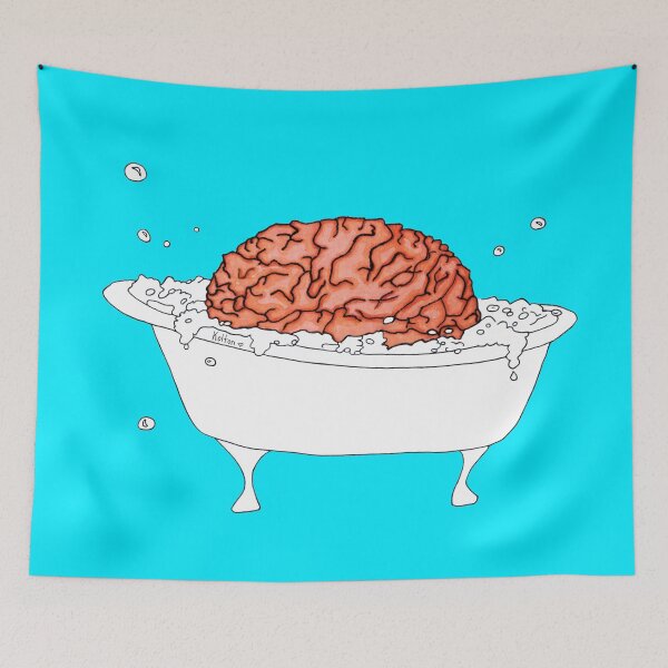 Item preview, Brain in a Tub - Bubble Bath - simple drawing turquoise background designed and sold by Natasha Kolton.