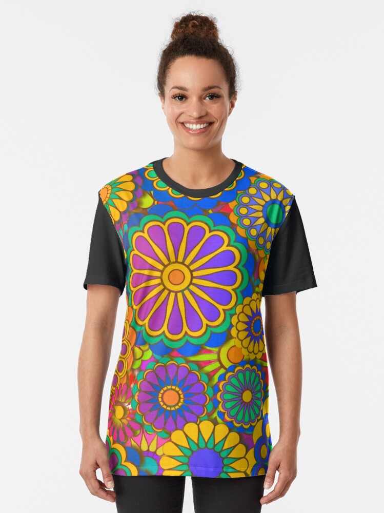 Womens Flower Power Hippie Psychedelic '70's Retro V-Neck T-Shirt