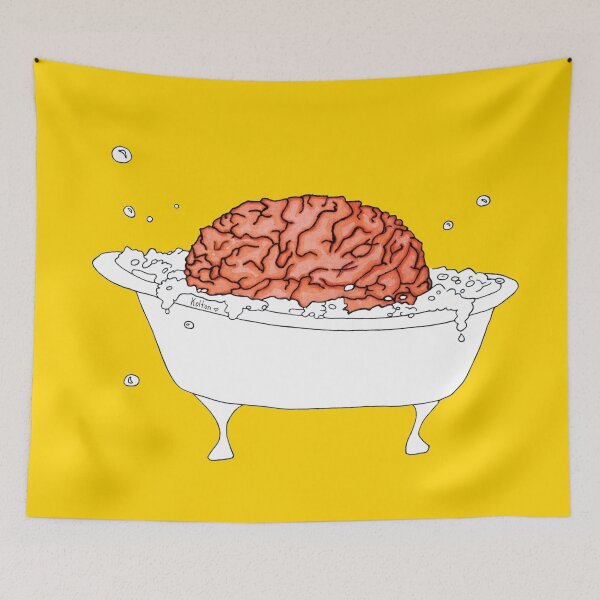 Item preview, Brain in a Tub - Bubble Bath - simple drawing yellow background designed and sold by Natasha Kolton.