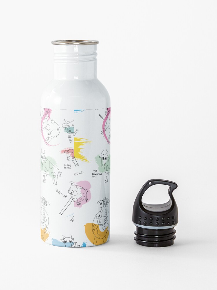 Alternate view of Funny cows line drawing with color splashes Water Bottle