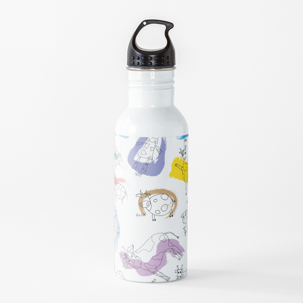 Funny cows line drawing with color splashes Water Bottle