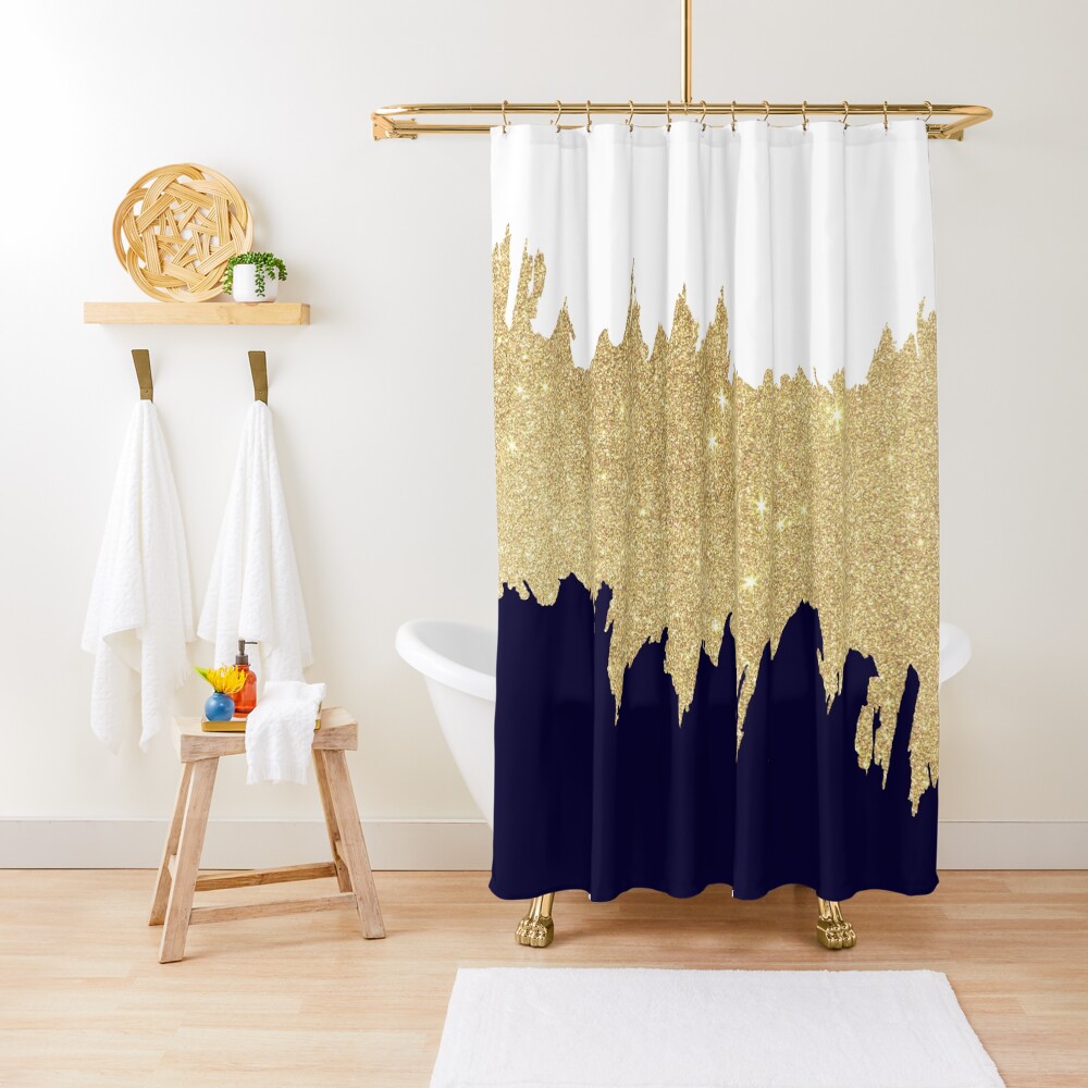 Modern navy blue white faux gold glitter brushstrokes Shower Curtain