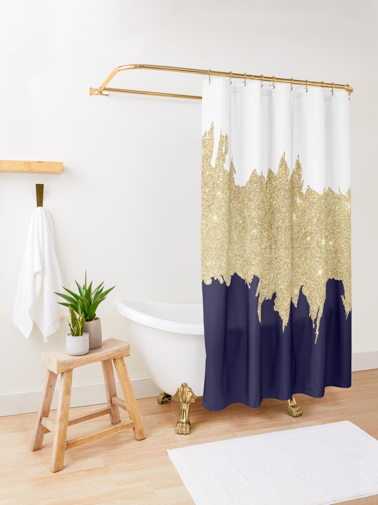 Alternate view of Modern navy blue white faux gold glitter brushstrokes Shower Curtain
