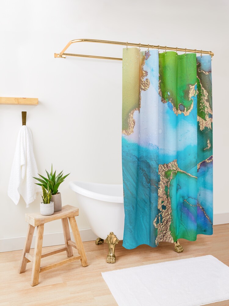 Alternate view of Abstract Marble Mermaid Gemstone With Gold Glitter Shower Curtain