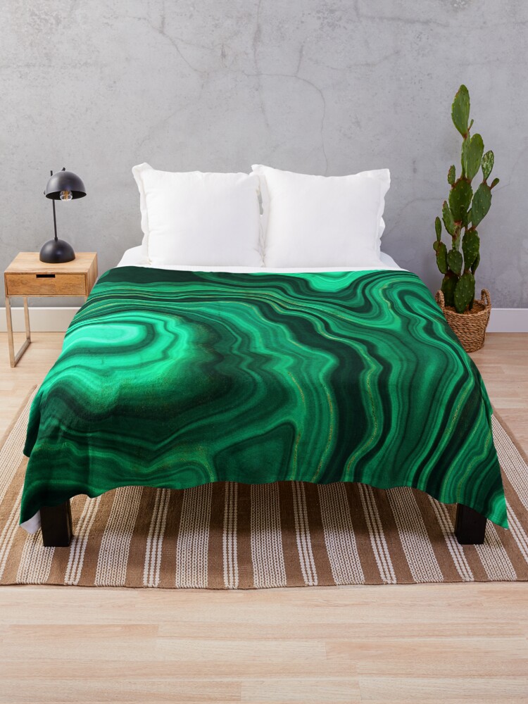 Thumbnail 1 of 6, Throw Blanket, Malachite Green Faux Marble with Gold Veins III designed and sold by MysticMarble.
