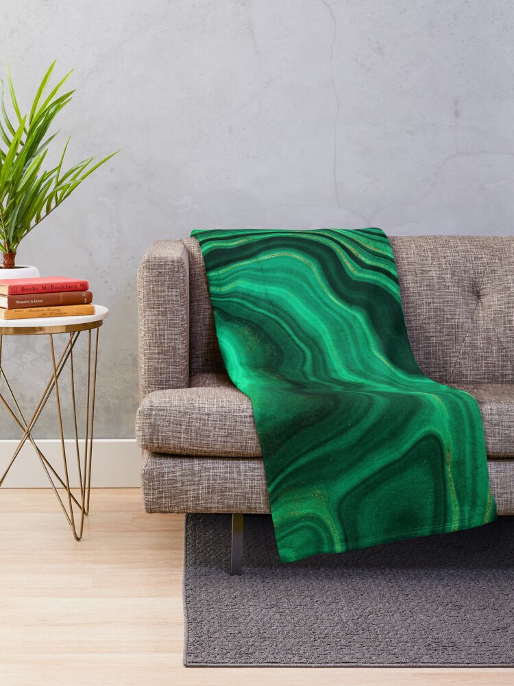 Thumbnail 2 of 6, Throw Blanket, Malachite Green Faux Marble with Gold Veins III designed and sold by MysticMarble.