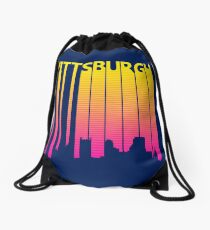 Retro 1980s Pittsburgh City Skyline Drawstring Bag