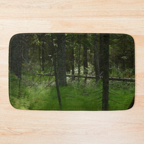 Item preview, Wetland of coniferous forest in thickets of green horsetail with fallen trunks of dry fir trees in the light of the morning sun designed and sold by yarvin13.