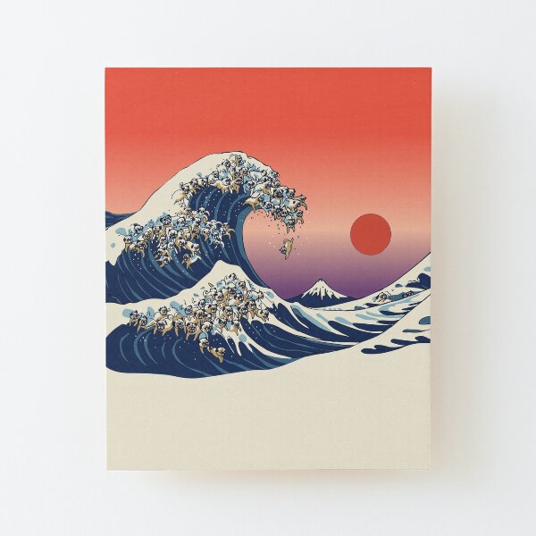 The Great Wave of Pug Wood Mounted Print