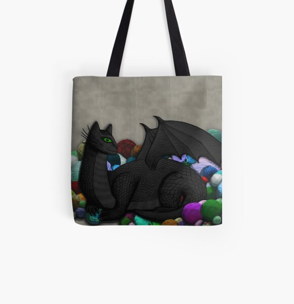 Cat Dragon with Yarn Hoard All Over Print Tote Bag