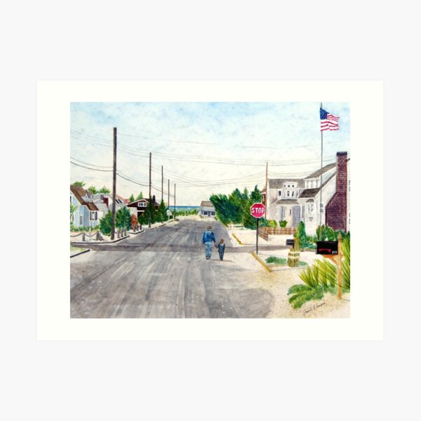 A Walk with Grandpop, Long Beach Island, New Jersey. Sweet watercolor painting of a grandfather and grandson out walking on the Jersey Shore. Art Print