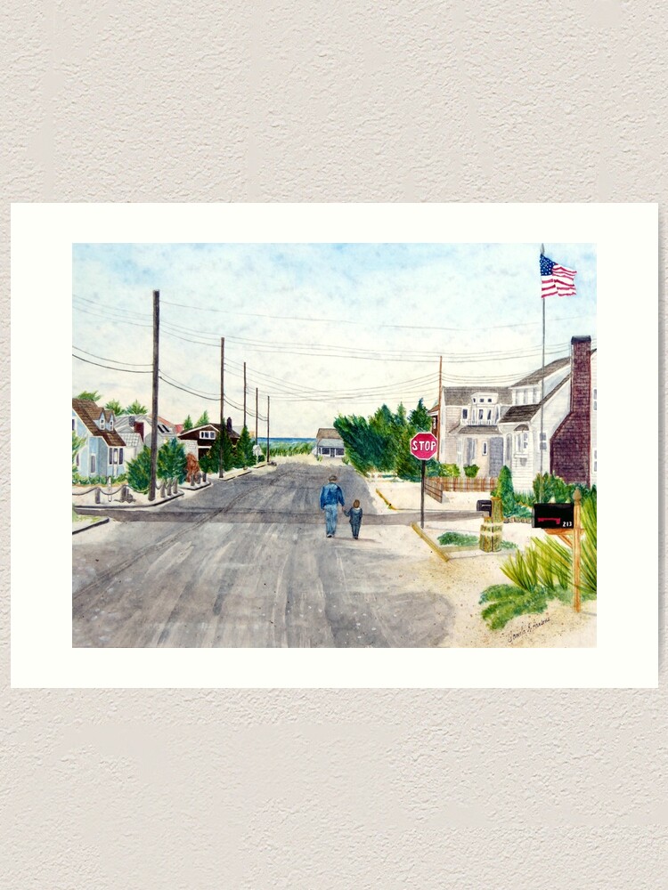 Alternate view of A Walk with Grandpop, Long Beach Island, New Jersey. Sweet watercolor painting of a grandfather and grandson out walking on the Jersey Shore. Art Print
