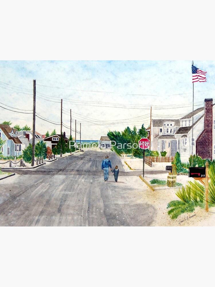 A Walk with Grandpop, Long Beach Island, New Jersey. Sweet watercolor painting of a grandfather and grandson out walking on the Jersey Shore. by parsonsp