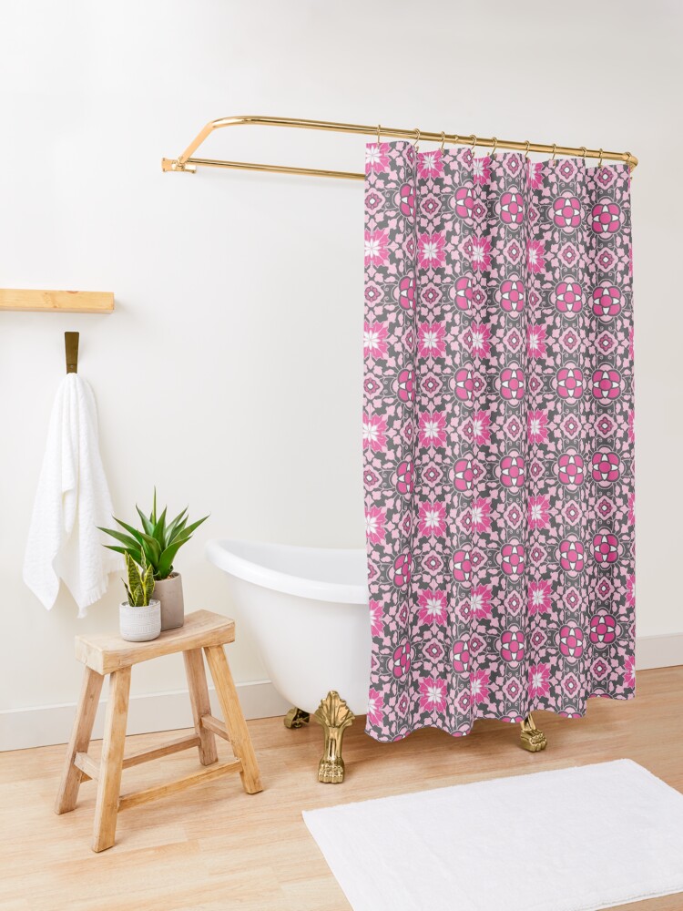 "Floral Moroccan Tile, Fuchsia Pink" Shower Curtain by Marymarice