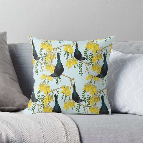 Tuis in the Kowhai Flowers Throw Pillow