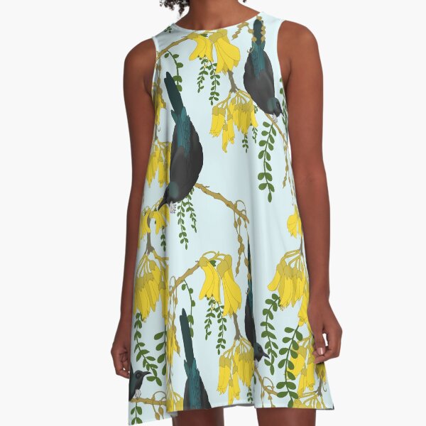 Tuis in the Kowhai Flowers A-Line Dress