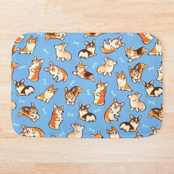 Jolly corgis in blue Bath Mat