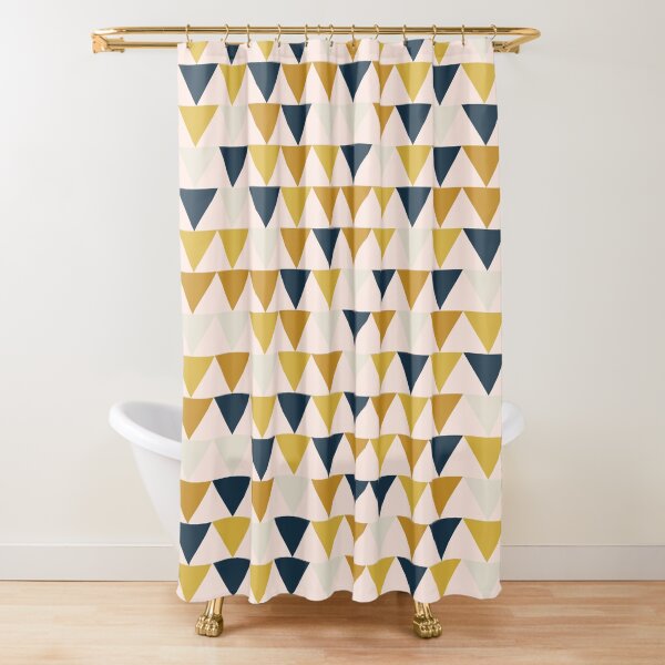 Arrow Pattern in Mustard Yellows, Navy Blue, and Blush Tones. Minimalist Geometric Shower Curtain