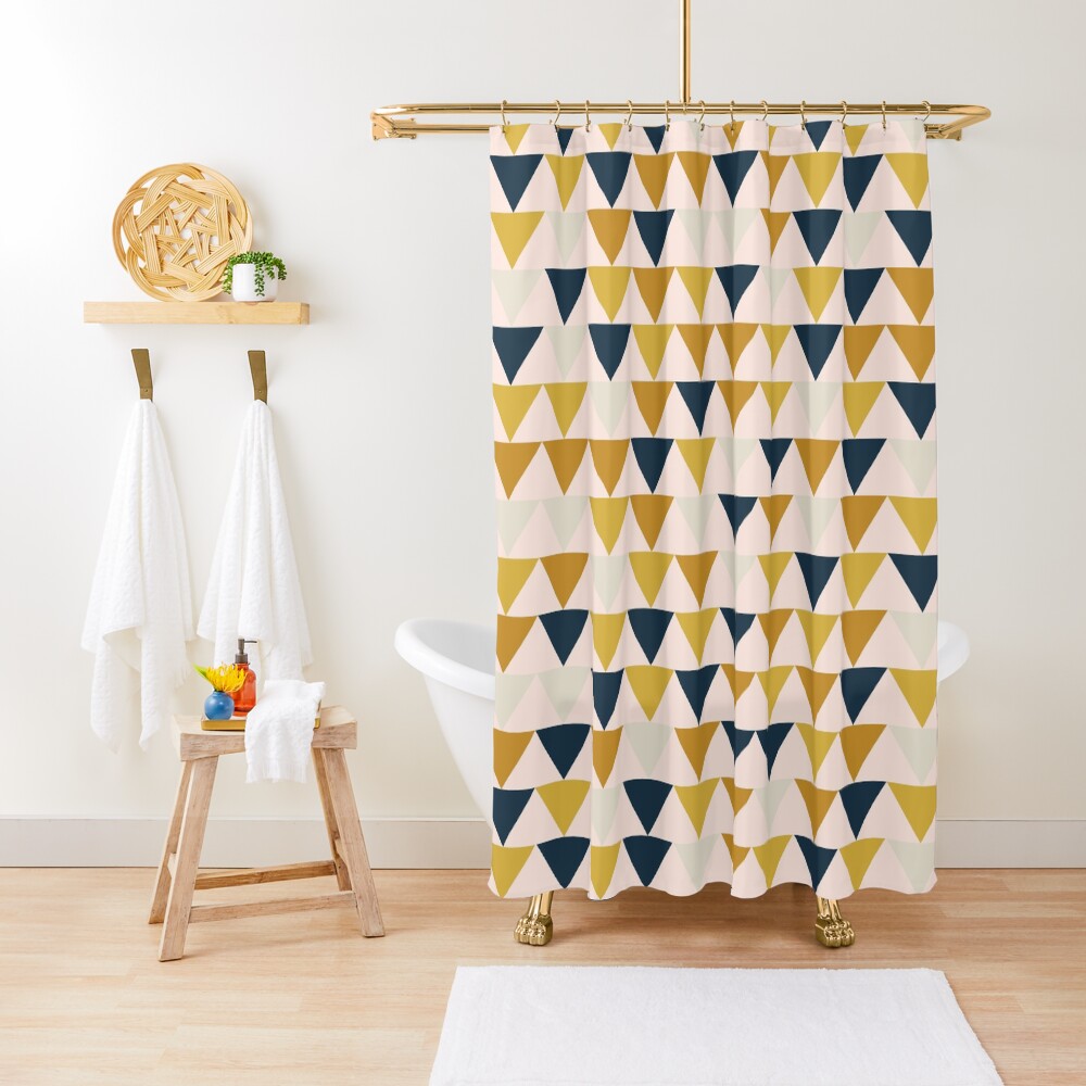 Arrow Pattern in Mustard Yellows, Navy Blue, and Blush Tones. Minimalist Geometric Shower Curtain