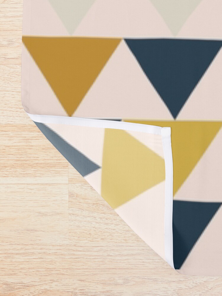 Alternate view of Arrow Pattern in Mustard Yellows, Navy Blue, and Blush Tones. Minimalist Geometric Shower Curtain