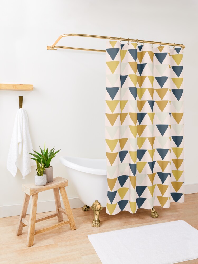Alternate view of Arrow Pattern in Mustard Yellows, Navy Blue, and Blush Tones. Minimalist Geometric Shower Curtain