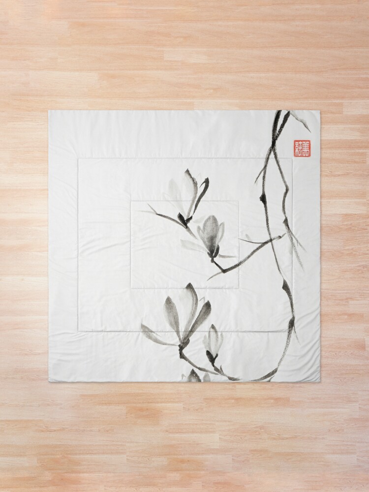 Colcha «Pintura japonesa en blanco y negro de Zen Sumi-e de la rama de la  magnolia en el arte del papel de arroz blanco impresión» de AwenArtPrints |  Redbubble