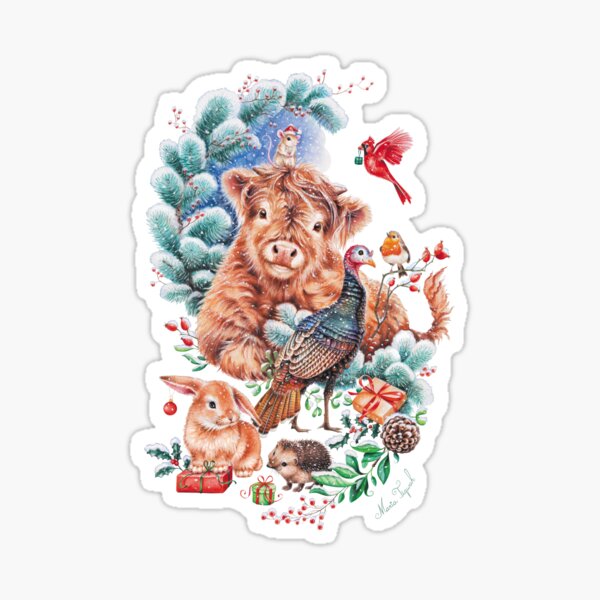 Happy Xmas animals by Maria Tiqwah Sticker