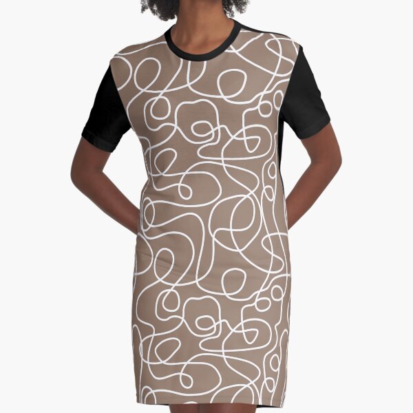 Doodle Line Art | White Lines on Malt Brown Background Graphic T-Shirt Dress